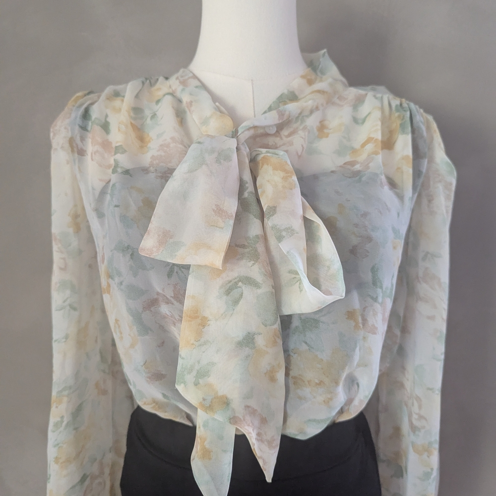 Floral Chiffon Blouse with Bow Tie
